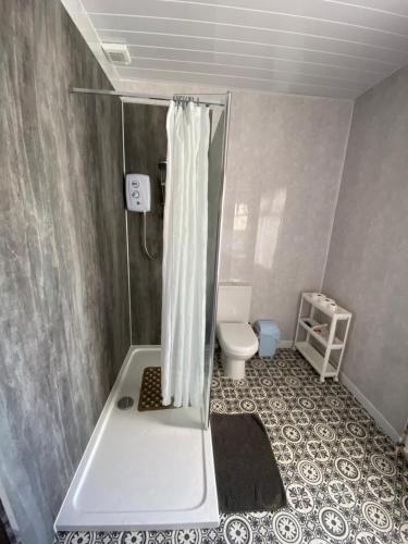 a small bathroom with a shower and a toilet at Crumlin Road Town House in Belfast
