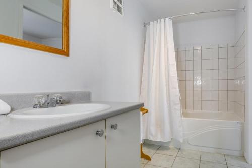 ein weißes Badezimmer mit Waschbecken und Dusche in der Unterkunft Studio Entre Ciel et Fleuve in Petite-Rivière-Saint-François