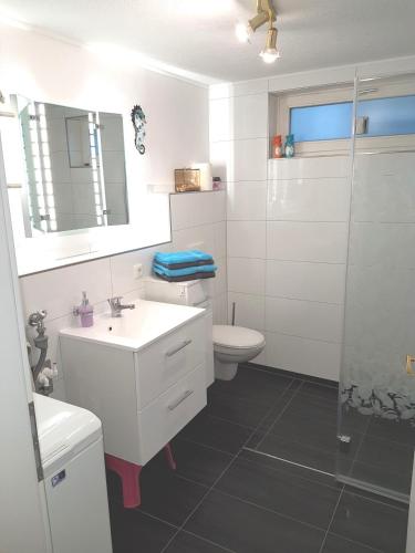 a bathroom with a toilet and a sink and a shower at FeWo Hoffmann EG - Ihr Domizil für Arbeit oder Kurzurlaub in Böhlen