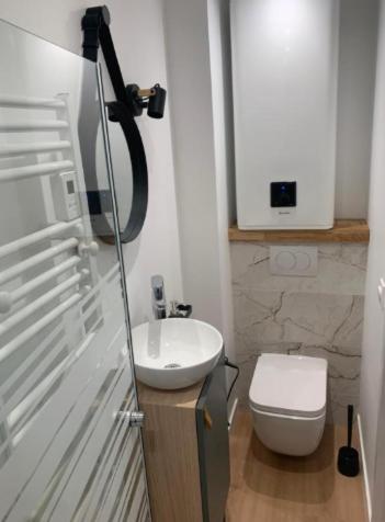 une salle de bain avec un lavabo blanc et des toilettes dans l'établissement Le Petit Saint-Martin - Hypercentre, à Caen