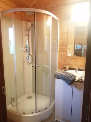 une salle de bain avec douche et lavabo dans l'établissement Le Chalet de Lilie, à Bassignac
