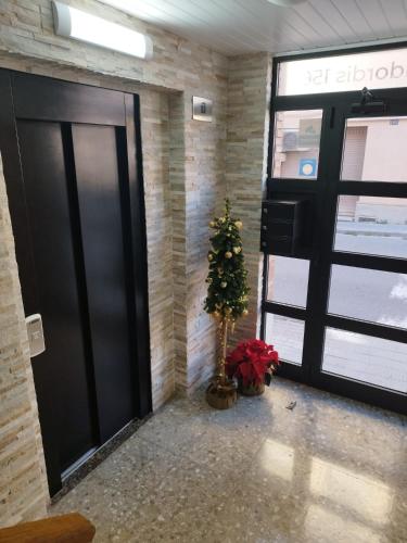 a christmas tree in an office lobby with a black door at Apartament IXA-2 in Manresa