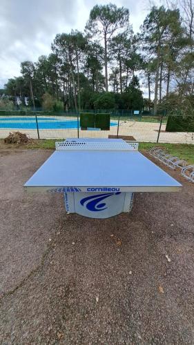 a blue ping pong table sitting in a parking lot at L'airial de Laure in Ondres