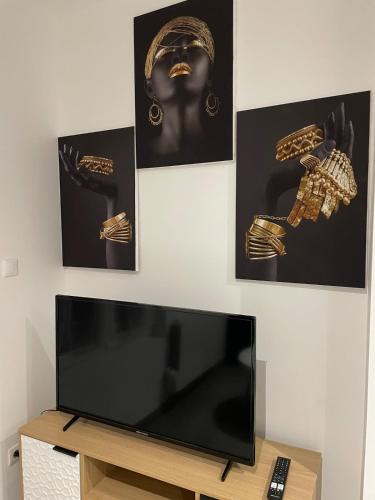 - une télévision à écran plat dans le salon avec trois photos dans l'établissement Au bout du quai, à Abbeville