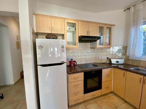 a kitchen with a white refrigerator and wooden cabinets at Sea Front Villa Ekaterina in Paphos City
