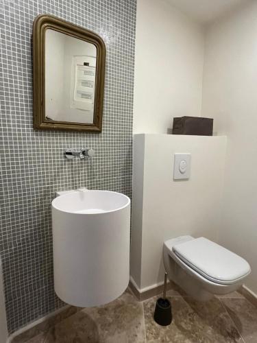 une salle de bain avec un lavabo, des toilettes et un miroir dans l'établissement Mas rénové par un architecte, au Plan-de-la-Tour