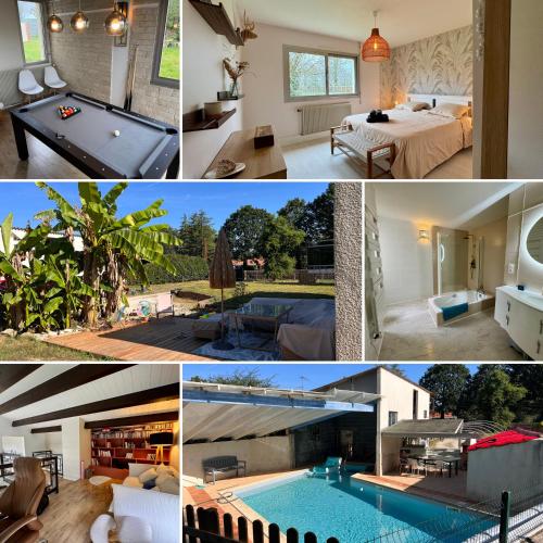 un collage de photos d'une maison avec une piscine dans l'établissement La Villa - Piscine - Billard, à Belleville-sur-Vie