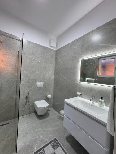 a bathroom with a toilet and a sink and a shower at Villa Duka in Krujë