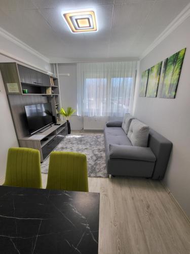 a living room with a couch and a television at Elizabet Apartman Szolnok in Szolnok