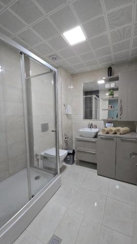 a bathroom with a shower and a toilet and a sink at 33th Floor - SkyView Oasis - A in Skopje