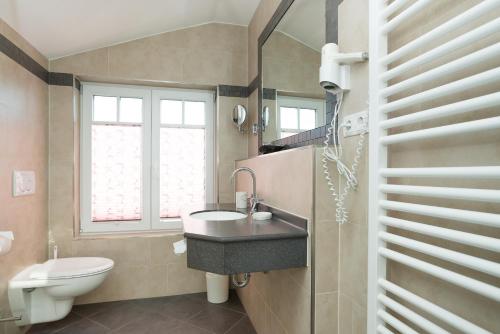 a bathroom with a sink and a toilet and a window at Hotel Sylter Blaumuschel in Westerland