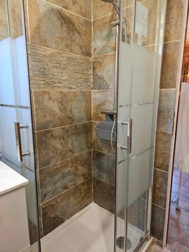 a shower with a glass door in a bathroom at Le chalet des Ecureuils - Vue imprenable sur la Dent du Chat in Saint-Jean-de-Chevelu