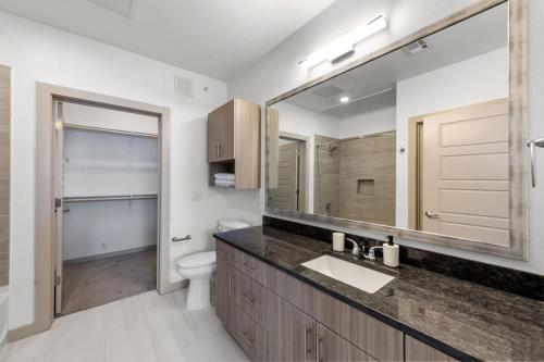 a bathroom with a sink and a toilet and a mirror at Modern 1BR near TPC Golf in McKinney