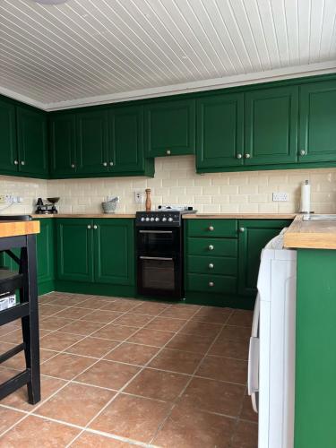 a green kitchen with green cabinets and a stove at Town House Creeslough in Creeslough