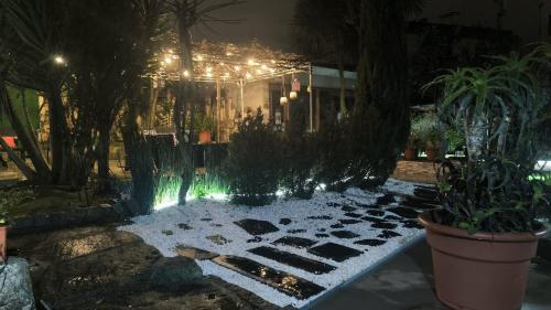 a courtyard with plants and a building with lights at Ruby Charm Houses in Porto