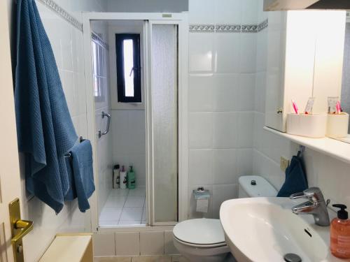 Un baño con ducha, inodoro y lavabo. en Atlantic sunset studio, en Costa del Silencio