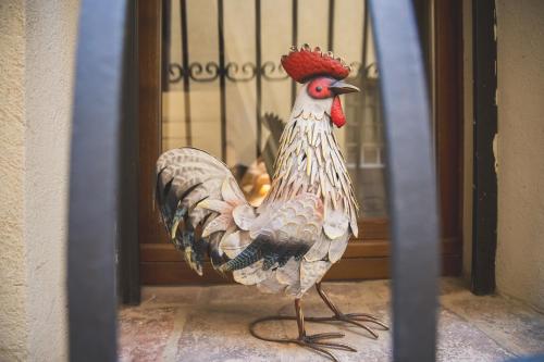 a rooster is standing in a cage at La Romantica Lolo' in Montepulciano