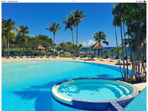 Una gran piscina con palmeras y el océano. en studio Au Paradis vue mer dans village de vacances à Saint Anne, en Courcelles Sucrerie