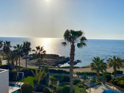 a view of a beach with palm trees and the ocean at Sea Front Villa Ekaterina in Paphos City