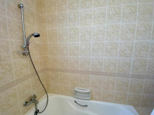 a bathroom with a bath tub with a shower at Sea Front Villa Ekaterina in Paphos City