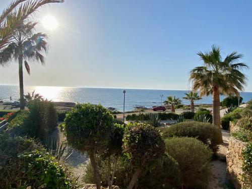 a view of a beach with palm trees and the ocean at Sea Front Villa Ekaterina in Paphos City