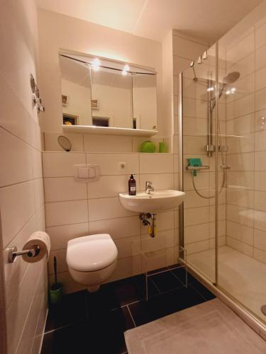 a bathroom with a toilet and a sink and a shower at Ferienwohnung Seelenbrise in Büsum
