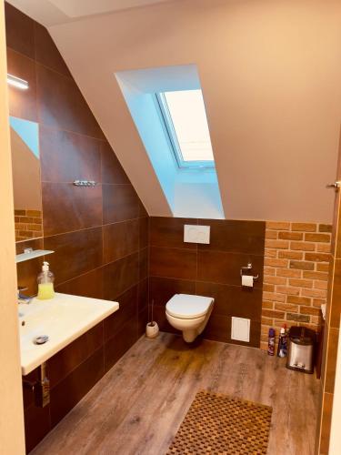 a bathroom with a toilet and a sink and a skylight at Penzion, Restaurace Jaro Věšín Brdy in Věšín