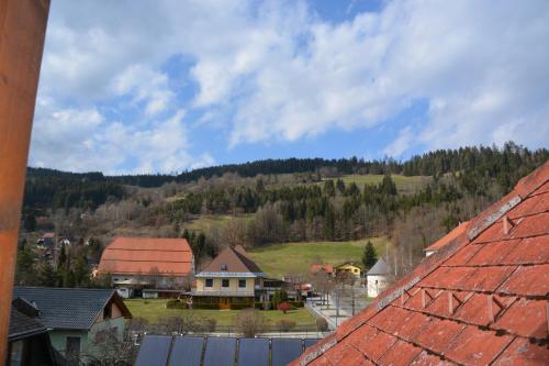 a view of a village with houses and a mountain at Kronenwirt in Gurk