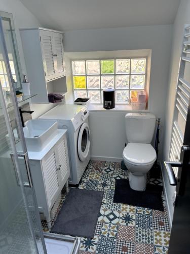 une salle de bain avec un lavabo et une machine à laver dans l'établissement Le Giromagite au pied du Ballon d'Alsace, à Giromagny