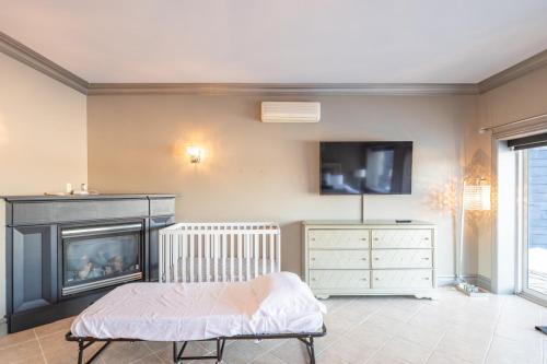 a living room with a fireplace and a tv at Lux Lakeside Escape Slps 20 with Pool, Golf Sim, Hot Tub, Karaoke, Gym and Sauna in Peterborough