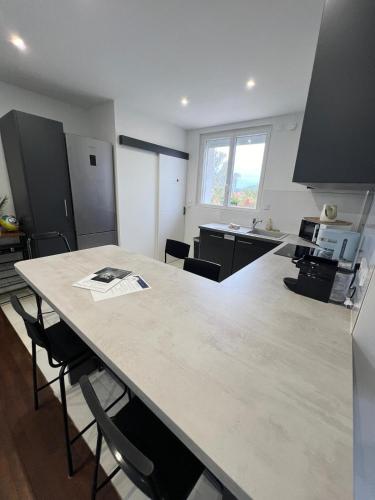 une cuisine avec une grande table et des chaises. dans l'établissement Havre de paix au Futuroscope, à Jaunay-Clan