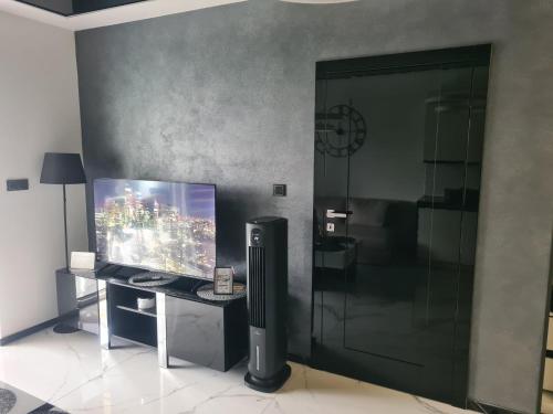a room with a television and a desk with a stand up shower at APARTAMENT TU się oddycha in Dziwnówek