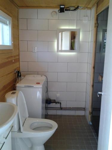 a white bathroom with a toilet and a sink at Koivuniemi Cottage in Säkylä