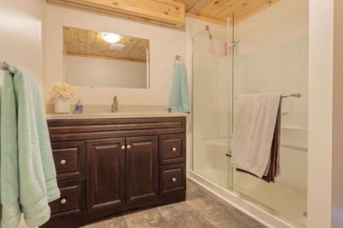 een badkamer met een douche en een wastafel bij Westlake Consecon Cottage in Wellington