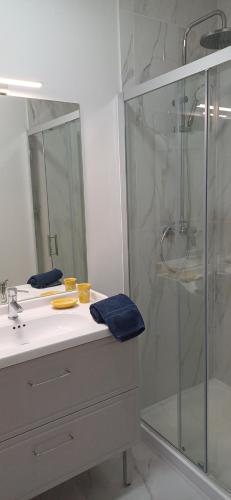 a bathroom with a glass shower and a sink at Lxroller Seomara Apartment 3 Bdr in Amadora