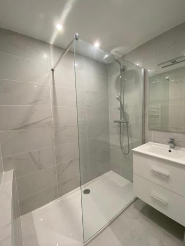 une salle de bain avec une douche en verre et un lavabo dans l'établissement Appartement Juan Les Pins à 700 m des plages, à Antibes