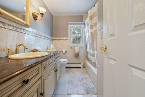 a bathroom with a sink and a toilet and a window at Big House, Hot tub, Very large backyard in Stony Point