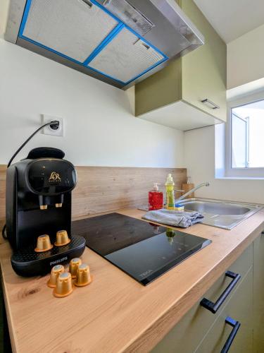 une cuisine avec une cafetière sur un comptoir dans l'établissement Plaisir et passion, à Roanne