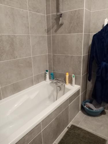 La salle de bains est pourvue d'une baignoire et d'un lavabo. dans l'établissement Gare centre ville d'Arcachon, à Arcachon