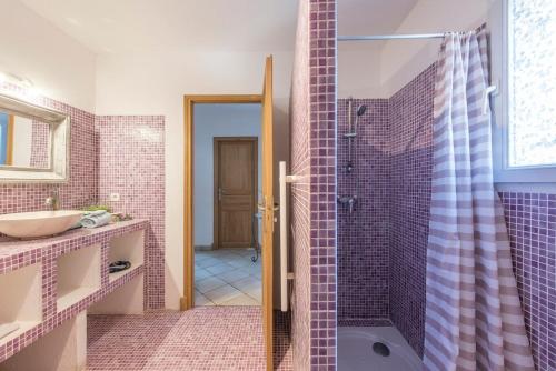 une salle de bain avec douche et lavabo dans l'établissement Beautiful Maria villa Beautiful view pool, à Bagnols-en-Forêt