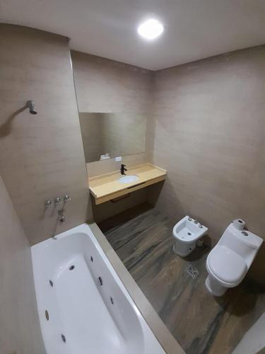 a bathroom with a tub and a toilet and a sink at Hotel Ideal Termal in Termas de Río Hondo