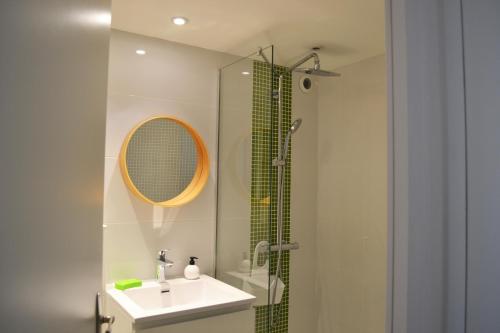 une salle de bain avec lavabo et douche dans l'établissement Studio Maison Verte Colmar Centre, à Colmar