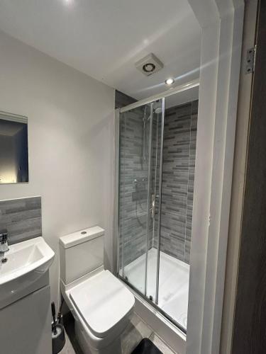 a bathroom with a shower and a toilet and a sink at Large 6 Bed 6 Bathroom House - Ideal For Families, Large Groups, Contractors & Business Travellers in Watford