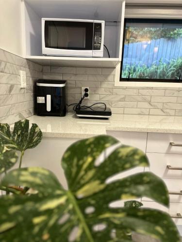 a kitchen counter with a microwave and a plant at Waterfront studio unit near Auckland Airport in Auckland