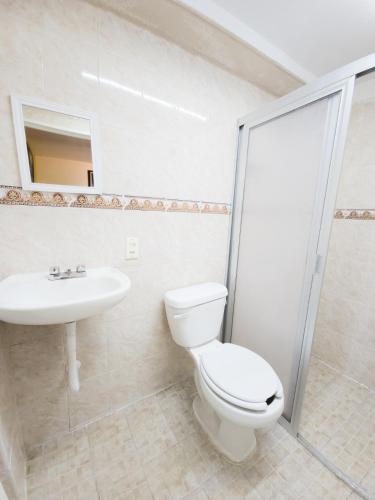 a bathroom with a toilet and a sink at Esquina del Pintor in Guadalajara