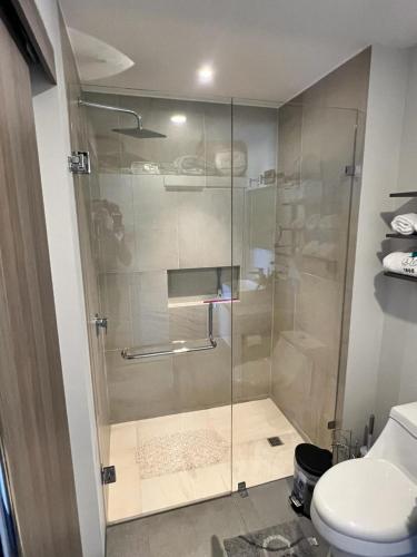 a glass shower in a bathroom with a toilet at Pool with ocean view, gym - grupoxingo in Puerto Vallarta