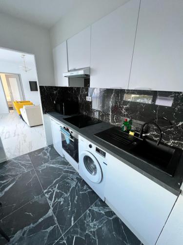 une cuisine avec un évier et une machine à laver dans l'établissement Charmant T2 Haut Standing, à Saint-Louis