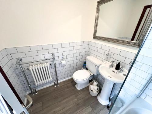 a bathroom with a toilet and a sink and a mirror at Bowling Green cottage in Wheaton Aston