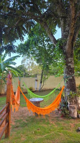 an orange hammock tied to a tree in a yard at El Jardín Secreto in Trinidad
