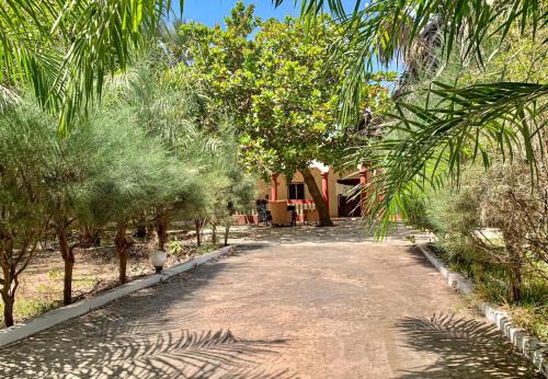 a dirt road with trees in front of a house at Kuba Lodge in Gunjur